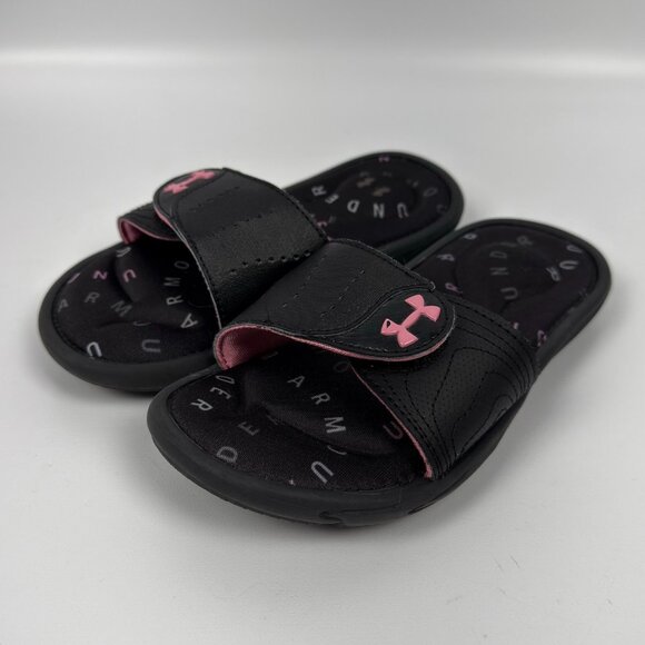 Under Armour Youth 1Y Slide Sandals Black Pink Adjustable Strap Padded Footbed - Picture 1 of 9